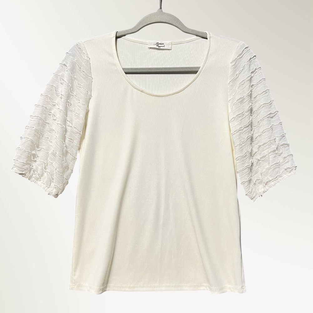Beacon Cream Ruffled Rib Knit Tee Size Small Short Sleeve Romantic Cottagecore